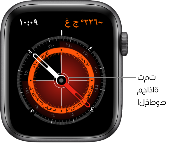 هذه البوصلة على واجهة Apple Watch. يظهر التوجيه في أعلى اليمين. تعرض الدائرة الداخلية الارتفاع والانحدار وخط الطول ودائرة العرض. تظهر الخطوط المتقاطعة وتشير إلى الشمال والجنوب والشرق والغرب.