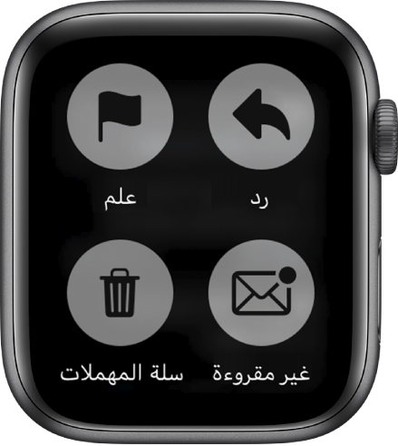 عندما تضغط على شاشة العرض أثناء عرض رسالة على Apple Watch، تظهر أربعة أزرار على الشاشة: الرد، ووضع علم، وغير مقروءة، وسلة المهملات.