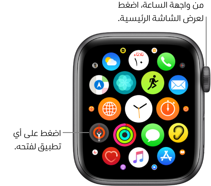 الشاشة الرئيسية في عرض المربعات في Apple Watch، حيث تبدو التطبيقات في مجموعة. اضغط على تطبيق لفتحه. اسحب لرؤية مزيد من التطبيقات.