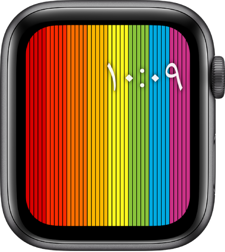 واجهة الساعة "Pride رقمية" تعرض شرائط قوس قزح عمودية مع ظهور الوقت في أعلى اليسار.