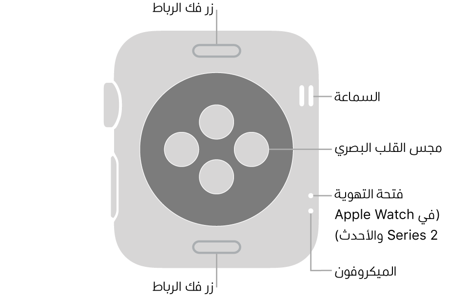 الجزء الخلفي من Apple Watch Series 3 وما أقدم مع وسائل شرح تشير إلى زر فك الرباط والسماعة ومجس القلب البصري وفتحة التهوية والميكروفون.