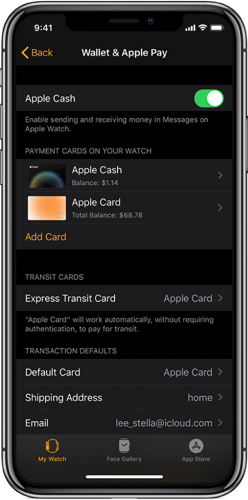 Екранът Wallet & Apple Pay (Портфейл и Apple Pay) в приложението Apple Watch на iPhone. Екранът показва добавените към Apple Watch карти, картата, която сте избрали да използвате за express transit и настройките по подразбиране за транзакция.