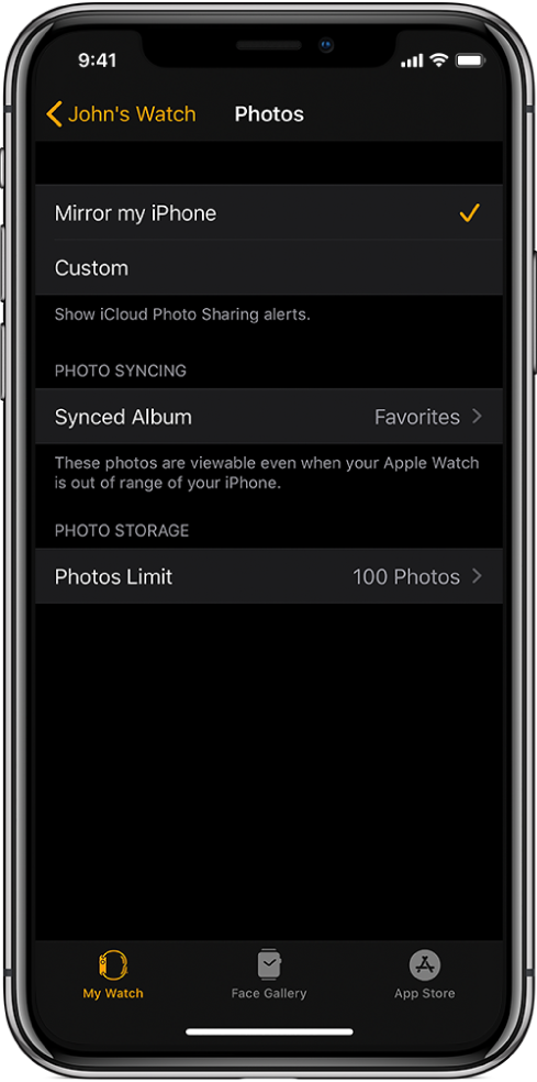 Настройките Photos (Снимки) в приложението Apple Watch на iPhone, в средата е настройката Synced Album (Синхронизиран албум), а под нея - настройката Photos Limit (Лимит за снимки).
