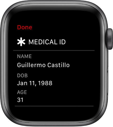 Екранът Medical ID (Медицински идентификатор), показващ името, датата на раждане и възрастта на потребителя.