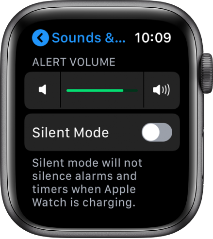 Настройките за звуци и осезания на Apple Watch с плъзгача за сила на звука на предупрежденията в горната част и бутона за тих режим под него.