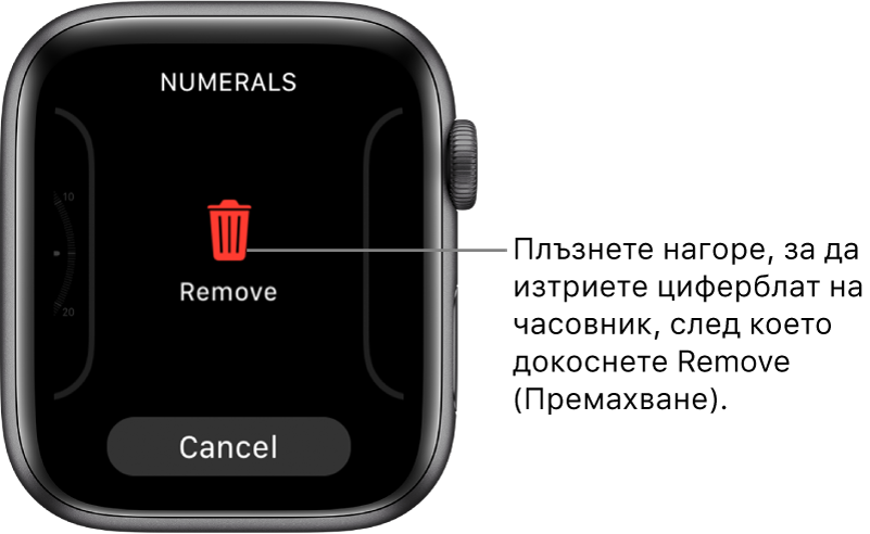 Екранът на Apple Watch, показващ бутоните за премахване и отказ, които се появяват, след като плъзнете до циферблат и след това плъзнете нагоре, за да го изтриете.