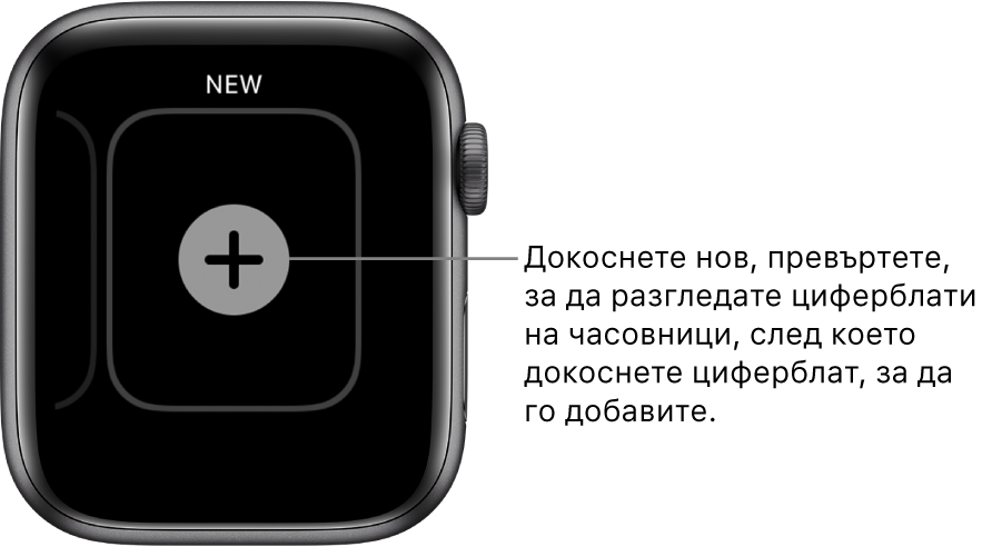 Екран за нов циферблат на часовник с бутон плюс в средата. Докоснете, за да добавите нов циферблат.
