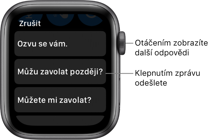 Obrazovka Mailu s tlačítkem Zrušit nahoře a třemi předdefinovanými odpověďmi („Ozvu se vám.“, „Můžu zavolat později?“ a „Můžete mi zavolat?“)