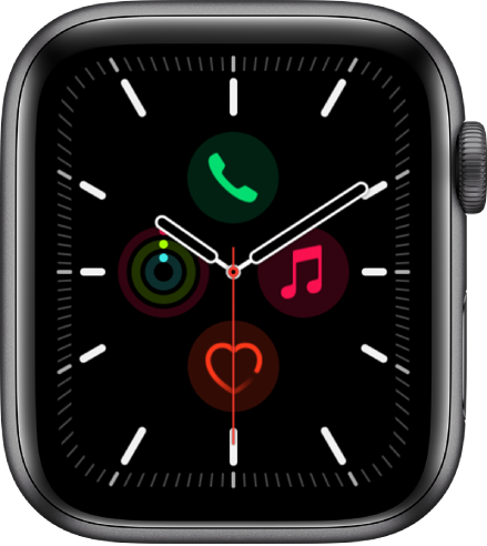 Ciferník Poledník, u nějž můžete upravit barvu a detaily číselníku. Zobrazují se na něm čtyři komplikace: nahoře Telefon, vpravo Hudba, dole Srdeční tep a vlevo Aktivita.