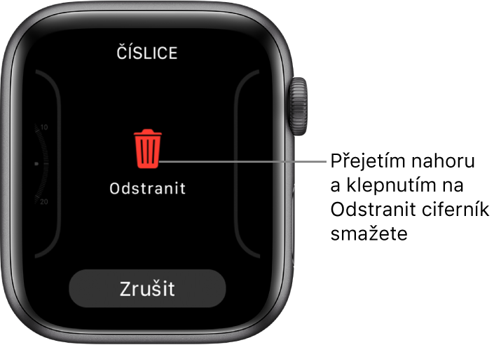 Obrazovka hodinek Apple Watch s tlačítky Odstranit a Zrušit, která se zobrazí potom, co přejedete na některý ciferník a pak přes něj přejedete nahoru, abyste ho smazali.