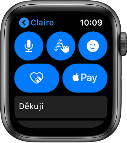 Obrazovka aplikace Zprávy s tlačítkem Apple Pay vpravo dole.