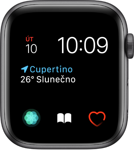 Ciferník Modulární, u nějž můžete upravit barvu. Nahoře se na něm zobrazuje datum a čas, uprostřed komplikace Povětrnostní podmínky a dole tři komplikace s malými číselníky: Dýchání, Audioknihy a Srdeční tep.