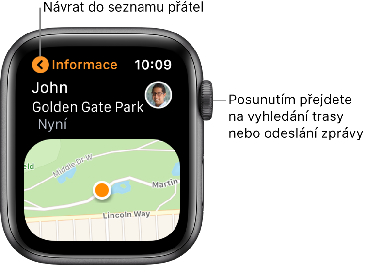 Obrazovka s detaily o poloze přítele včetně toho, jak daleko od vás je, a jeho polohy na mapě.