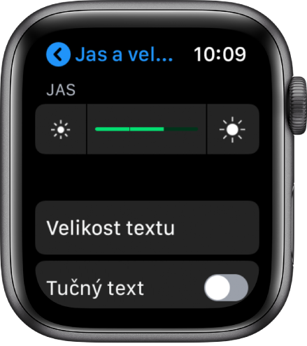 Nastavení jasu na hodinkách Apple Watch s jezdcem Jas nahoře, tlačítkem Velikost textu pod ním a ovládacím prvkem Tučný text dole.
