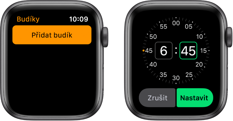 Dvě obrazovky hodinek znázorňující proces přidání budíku: Klepněte na Přidat budík, potom na „dop.“ nebo „odp.“, korunkou Digital Crown nastavte čas a klepněte na Nastavit.