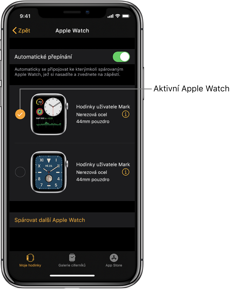 Aktivní hodinky Apple Watch jsou označeny zaškrtnutím.