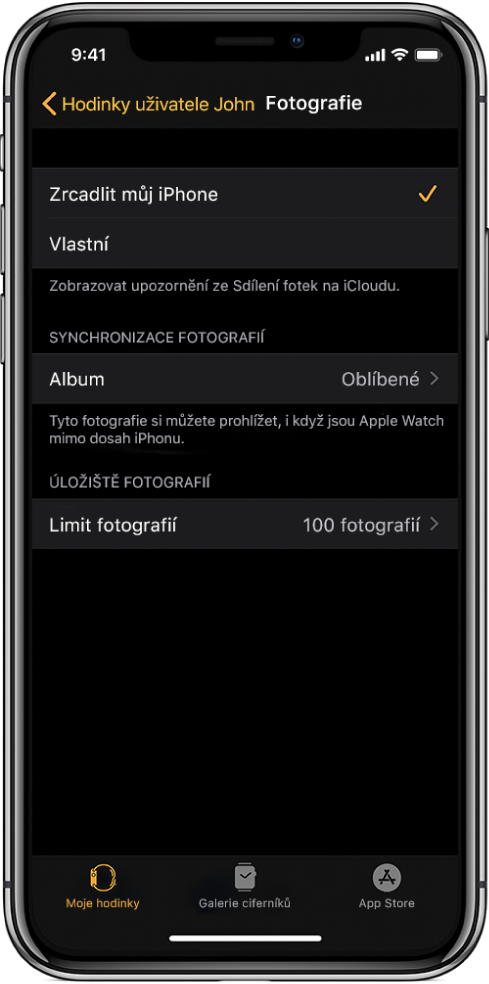 Nastavení Fotek v aplikaci Apple Watch na iPhonu s volbou Synchronizované album uprostřed a Limit fotografií pod ní.