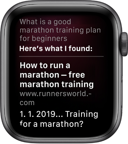 Siri zobrazuje odpověď z webu na otázku: „What is a good marathon training plan for beginners“