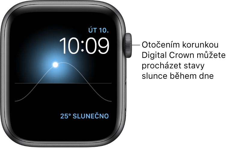 Na ciferníku Sluneční se zobrazuje den, datum a aktuální čas – tyto položky nelze změnit. Komplikace počasí zobrazená vpravo dole. Otáčením korunkou Digital Crown můžete slunce na obloze přesunout na soumrak, svítání, do zenitu, na západ a tmu.