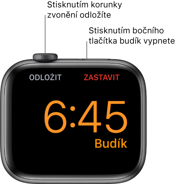 Apple Watch položené na boku. Na obrazovce svítí zvonící budík. Pod korunkou Digital Crown je zobrazené slovo „Odložit“, Slovo „Zastavit"pod postranním tlačítkem.