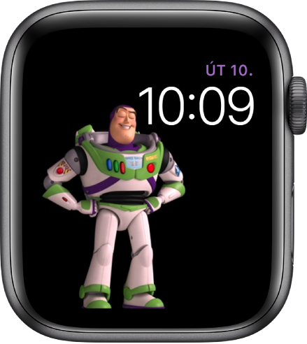 Ciferník Toy Story zobrazující den, datum a čas vpravo nahoře a animovanou postavičku Buzze Rakeťáka vlevo uprostřed obrazovky