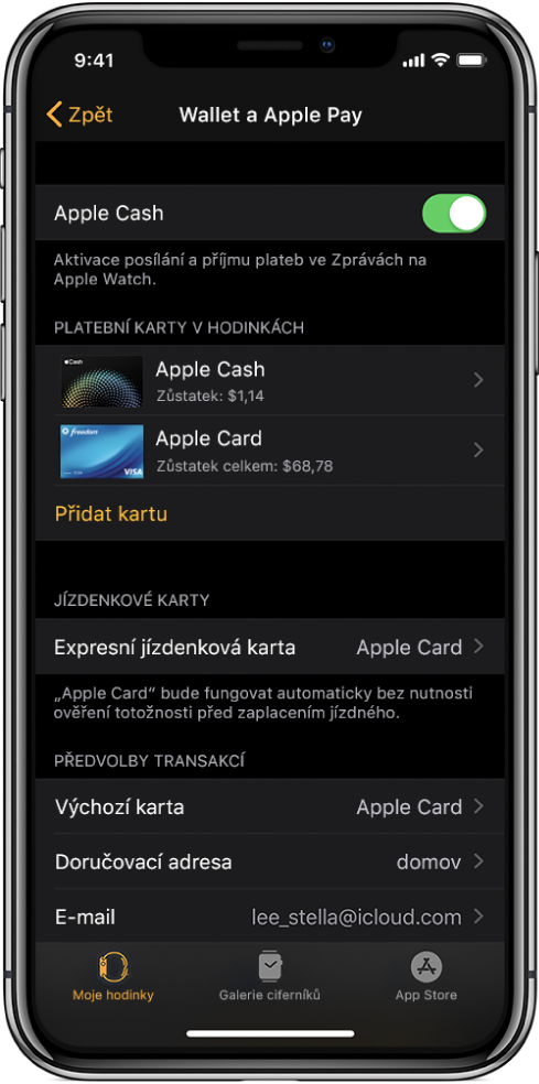 Obrazovka Wallet a Apple Pay v aplikaci Apple Watch na iPhonu. Na obrazovce jsou vidět karty přidané do Apple Watch, karta, kterou jste vybrali k použití v expresním jízdenkovém režimu, a výchozí volby transakcí.