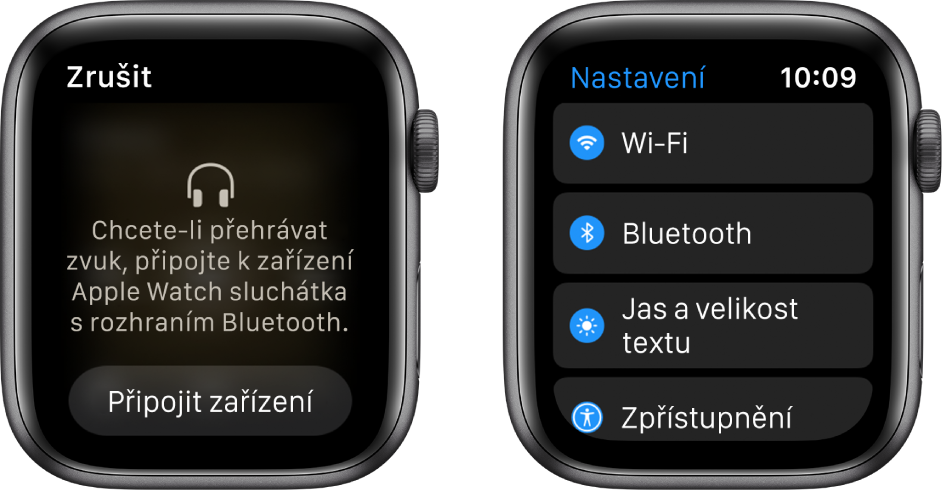 Pokud přepnete zdroj zvuku na hodinky Apple Watch, aniž byste s nimi předtím spárovali reproduktory nebo sluchátka s rozhraním Bluetooth, objeví se poblíž spodního okraje displeje tlačítko Připojit zařízení, které na hodinkách Apple Watch otevře nastavení Bluetooth. Zde můžete přidat poslechové zařízení.