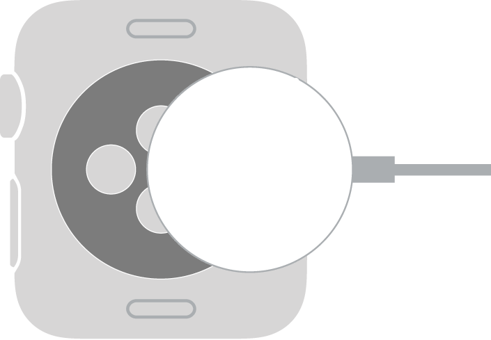 Vydutá strana magnetického nabíjecího kabelu pro Apple Watch se přichytí k zadní straně hodinek Apple Watch magneticky.