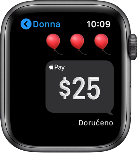 Obrazovka aplikace Zprávy s platbou doručenou přes Apple Cash