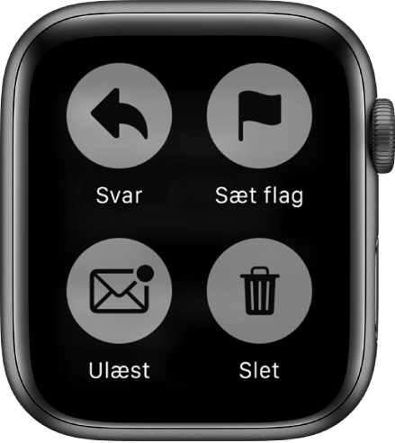 Hvis du trykker på skærmen, mens der vises en besked på Apple Watch, vises fire knapper på skærmen: Svar, Sæt flag ved, Ulæst og Slet.