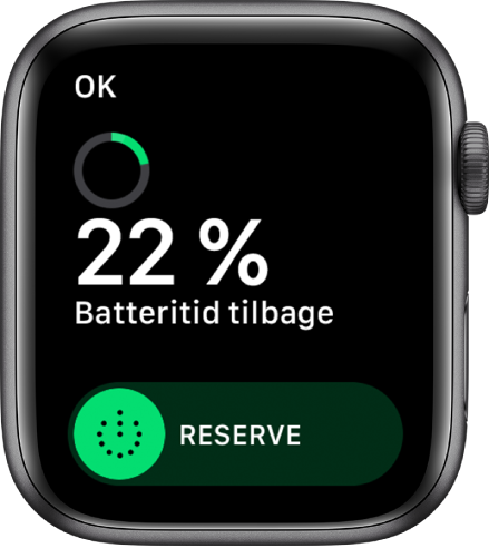 Skærmen Reservespænding, der viser knappen OK øverst, den procentdel, der er tilbage på batteriet, og mærket Reservespænding.