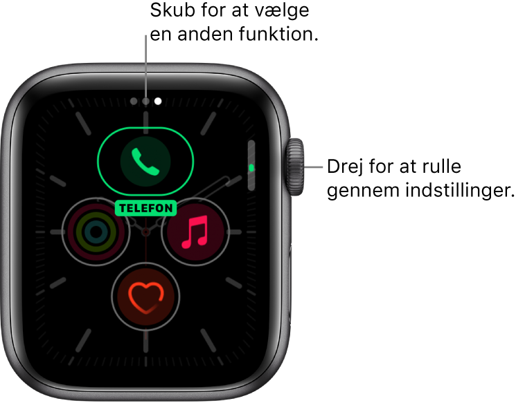 Tilpasningsskærmen for urskiven Meridian med komplikationen Telefon fremhævet. Drej på Digital Crown for at ændre indstillinger.