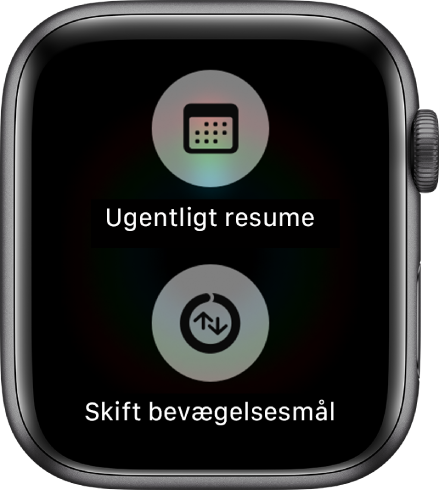 Skærmen i appen Aktivitet, der viser knappen Ugentligt resume og knappen Skift bevægelsesmål.