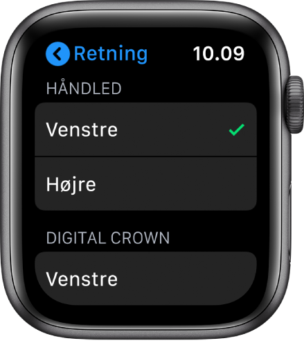 Skærmen Retning på Apple Watch. Du kan indstille retning for håndled og for Digital Crown.