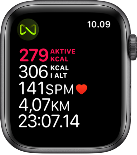 Skærmen Træning, der viser en træning på løbebånd. Et symbol i øverste venstre hjørne viser, at Apple Watch er trådløst forbundet med løbebåndet.