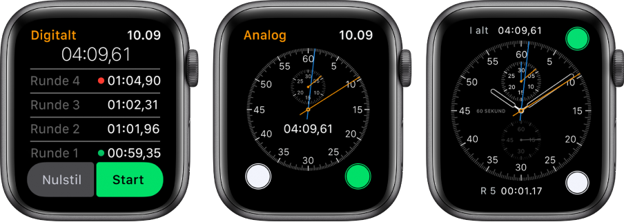 Tre urskiver, der viser tre typer stopure: Et digitalt stopur i appen Stopur, et analogt stopur i appen og betjeningsmulighederne til stopuret på urskiven Kronograf.