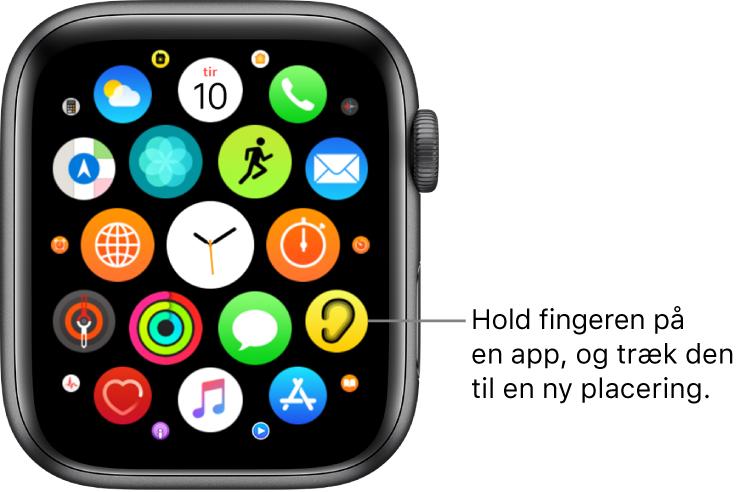 Hjemmeskærmen på Apple Watch i netoversigt. Billedteksten siger “Hold fingeren på en app, og træk den til en ny placering”.