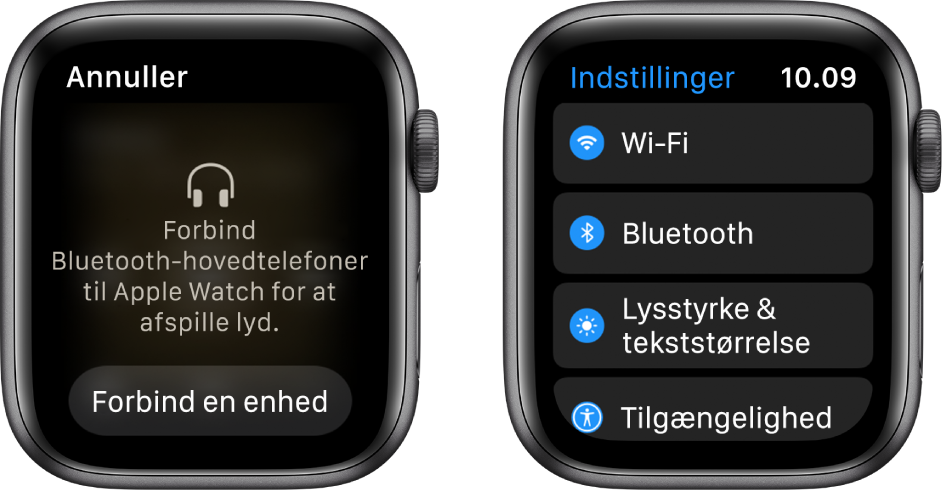 Hvis du skifter lydkilde til dit Apple Watch, før du parrer Bluetooth-højttalere eller -hovedtelefoner, vises knappen Forbind en enhed nederst på skærmen. Knappen åbner Bluetooth-indstillingerne på dit Apple Watch, hvor du kan tilføje en lytteenhed.