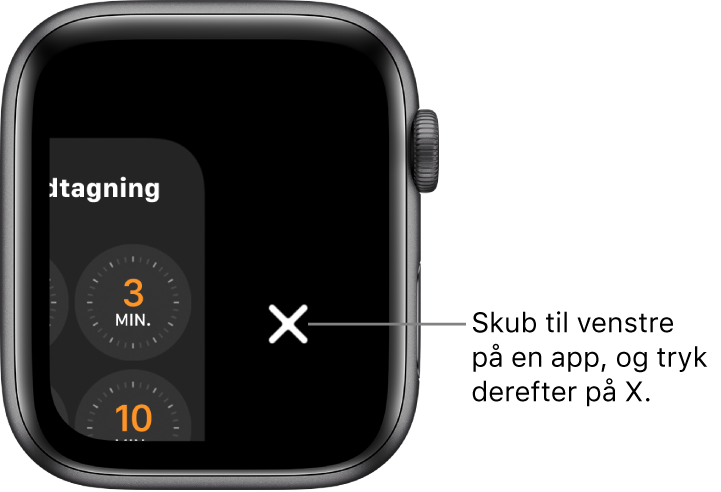 Dock, efter at du har skubbet til venstre på en app, med knappen X til højre.