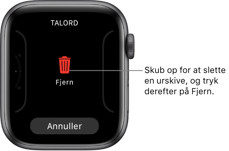 Skærmen på Apple Watch, der viser knapperne Fjern og Annuller, som vises, efter du har skubbet til en urskive og derefter skubbet op på den for at slette den.