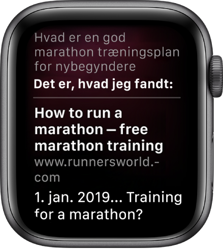 Siri svarer på spørgsmålet “Hvad er en god træningsplan til marathon for begyndere” med et svar fra internettet.