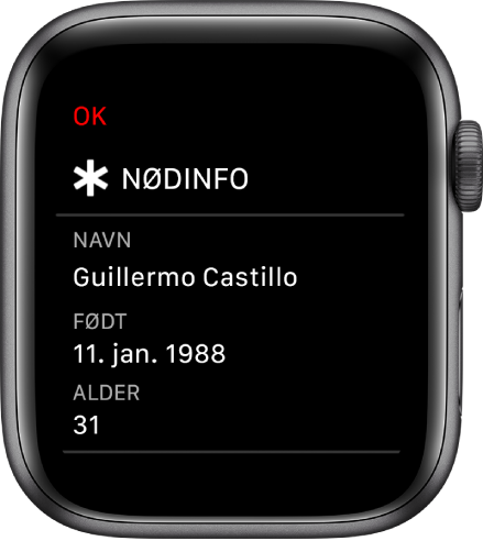 Skærmen Nødinfo, der viser brugerens navn, fødselsdato og alder.