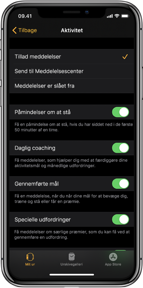 Skærmen Aktivitet i appen Apple Watch, hvor du kan tilpasse de meddelelser, du vil have vist.