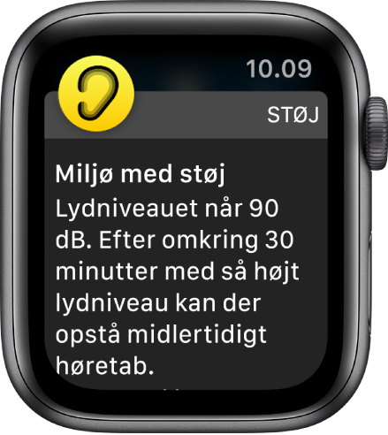 Apple Watch viser en meddelelse om Støj. Symbolet for den app, der hører til meddelelsen, vises øverst til venstre. Du kan åbne appen ved at trykke på symbolet.