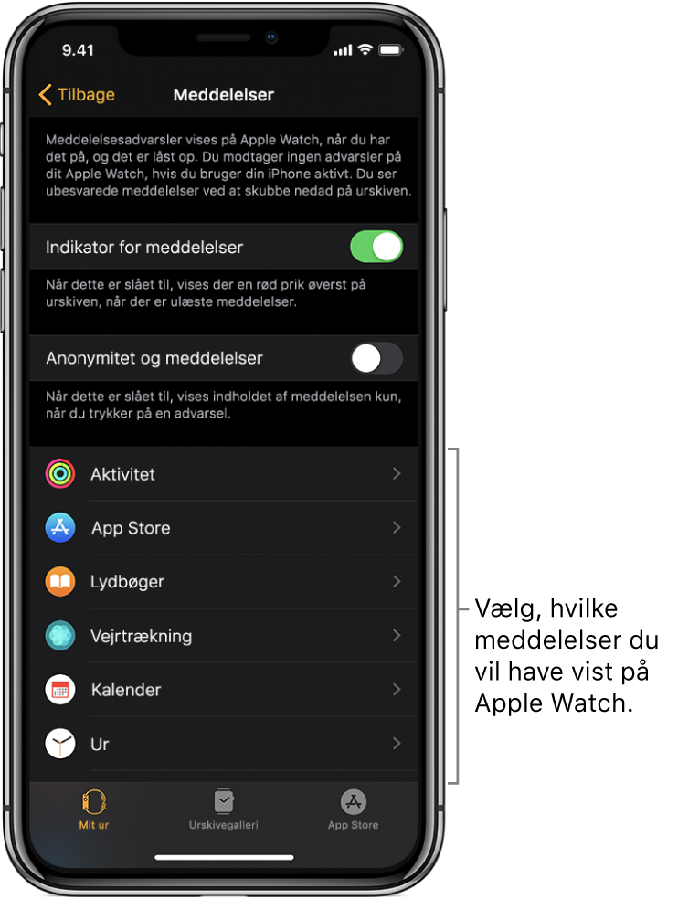 Skærmen Meddelelser i appen Apple Watch på iPhone, som viser kilder til meddelelser.