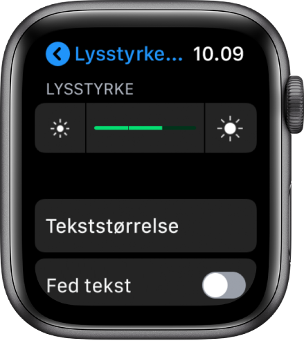 Indstillinger til Lysstyrke på Apple Watch med mærket Lysstyrke øverst, knappen Tekststørrelse nedenunder og betjeningsmuligheden Fed tekst nederst.