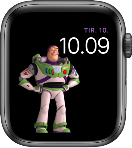 Urskiven Toy Story, der viser ugedag, dato og klokkeslæt øverst til højre og en animeret Buzz Lightyear til venstre midt på skærmen.