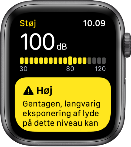 Appen Støj viser en aflæsning på 100 dB. En advarsel om langvarig eksponering for dette lydniveau vises nedenfor.