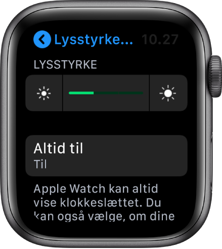 Knappen Altid til på skærmen Lysstyrke & tekst på Apple Watch.