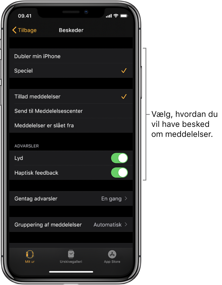 Indstillinger til Beskeder i appen Apple Watch på iPhone. Du kan vælge, om du vil have vist advarsler, slå lyden til, slå haptisk feedback til og gentage advarsler.